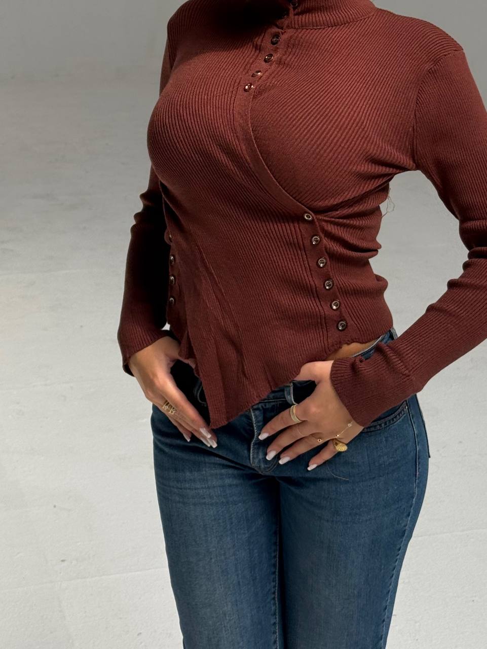 Ember Ribbed Button Top - Brown