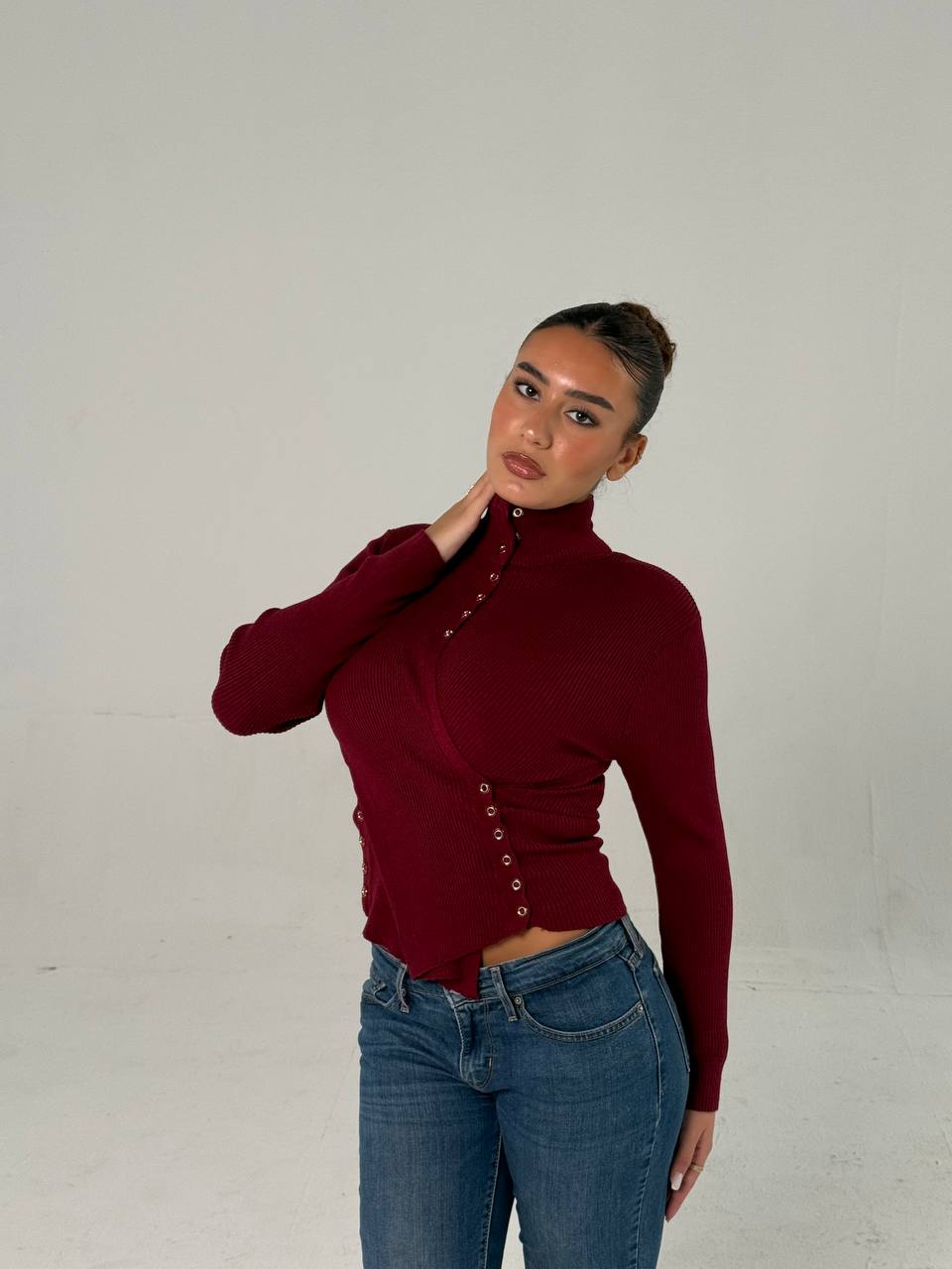 Ember Ribbed Button Top - Burgundy