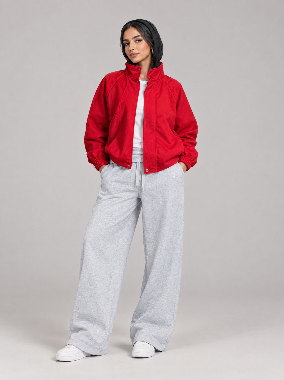 Ridge Set — red gabardine jacket with light grey wide-leg pants