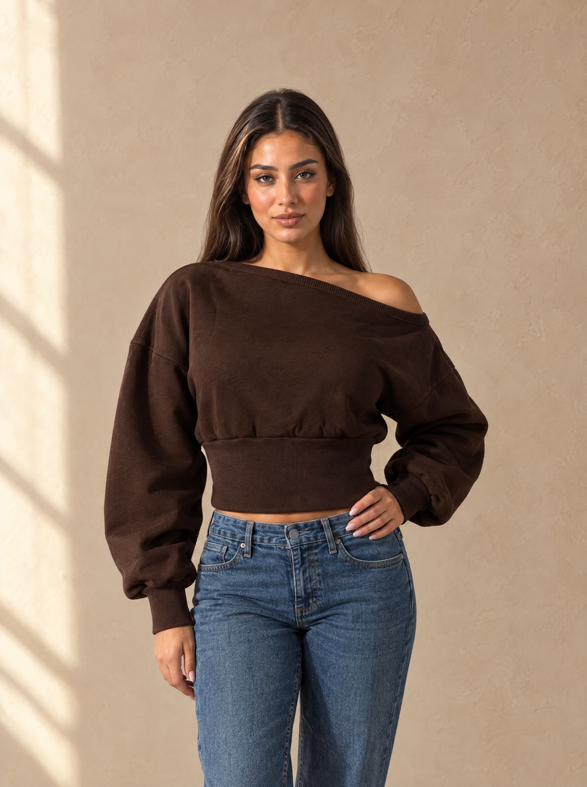 Muse Off-Shoulder Lined Sweatshirt — Brown