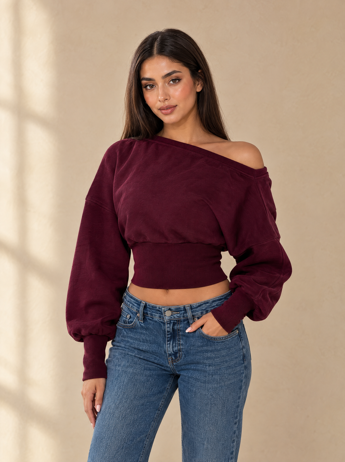 Muse Off-Shoulder Lined Sweatshirt — Burgundy