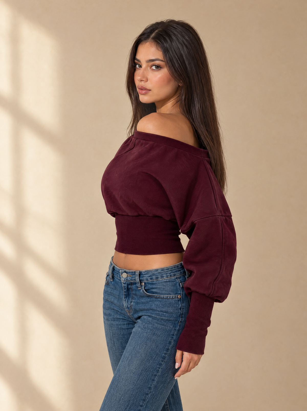 Muse Off-Shoulder Lined Sweatshirt — Burgundy, side