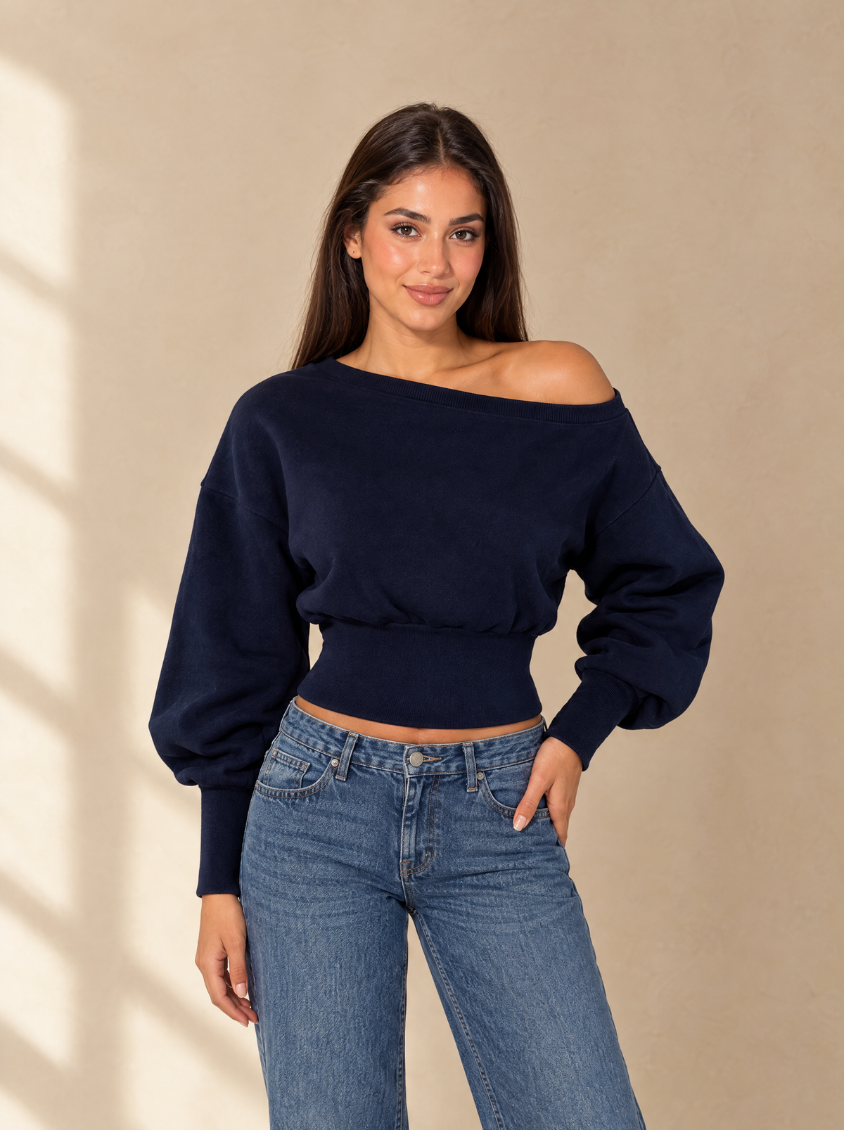 Muse Off-Shoulder Lined Sweatshirt — Navy