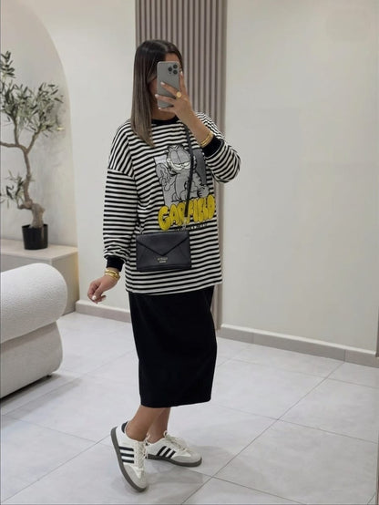 Lazy Mood Stripe Tee | تيشيرت مقلم أبيض وأسود - صورة 18 | Elite EG