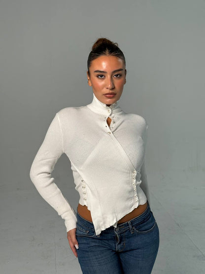 Ember Ribbed Button Top - White