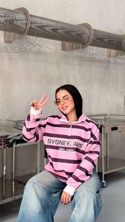 Harbor Striped Half-Zip Sweatshirt — Pink