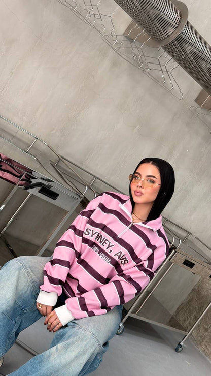 Harbor Striped Half-Zip Sweatshirt — Pink