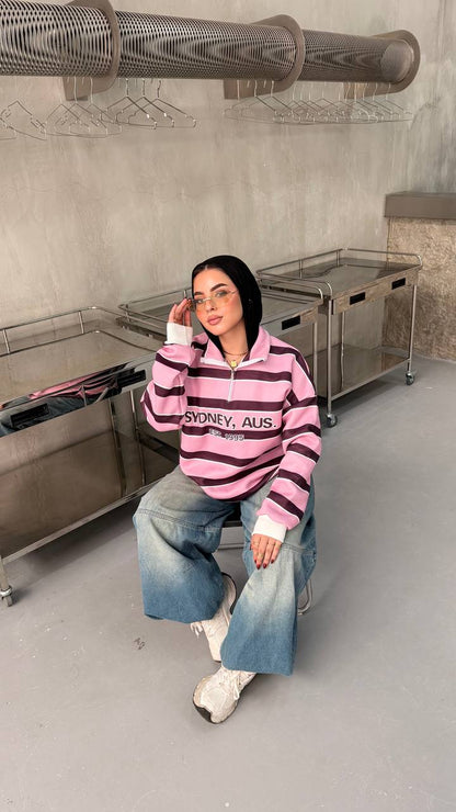Harbor Striped Half-Zip Sweatshirt — Pink