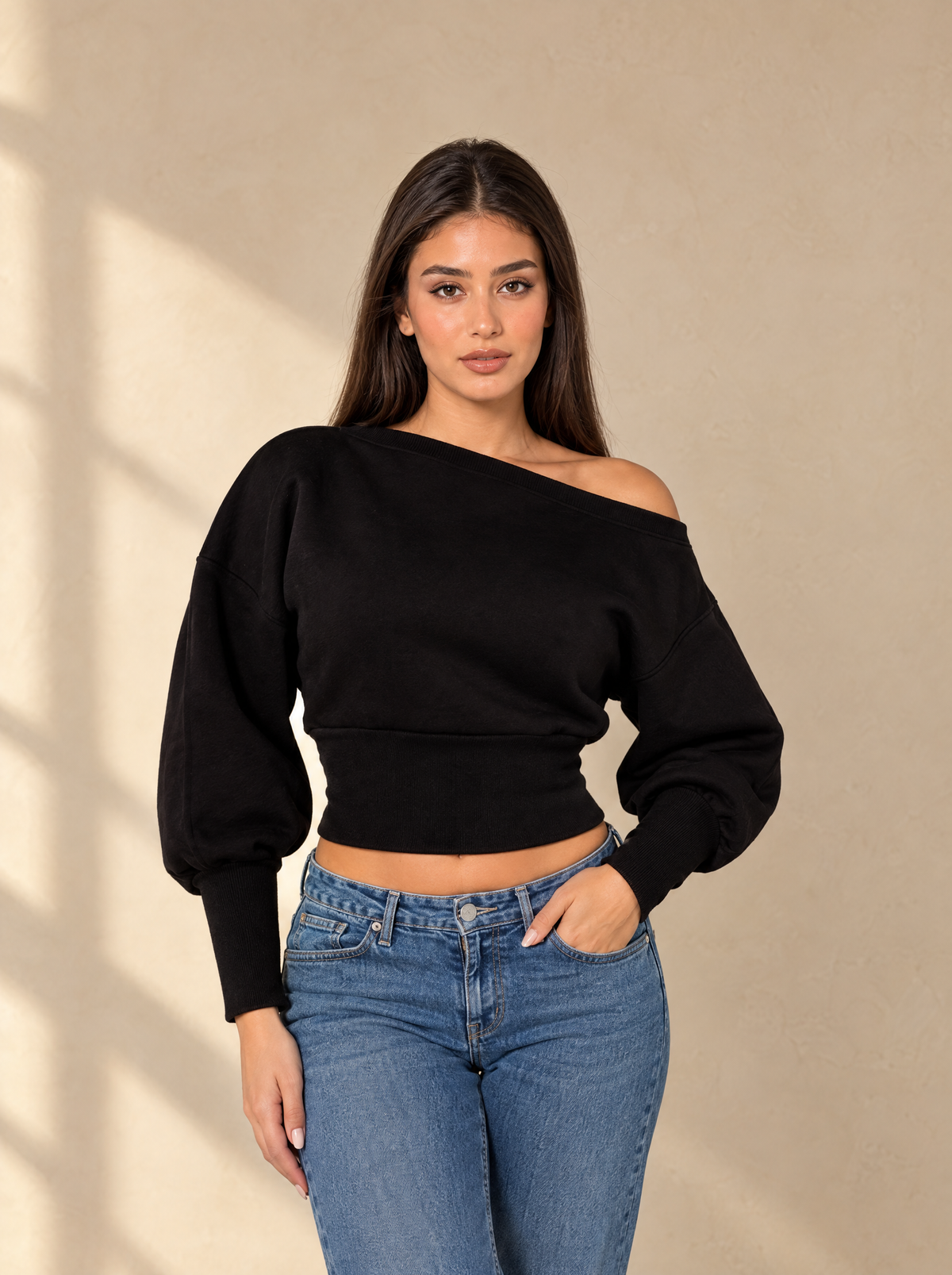Muse Off-Shoulder Lined Sweatshirt — Black