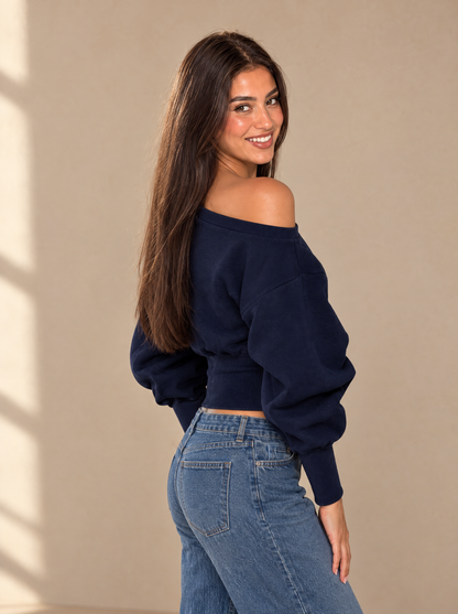 Muse Off-Shoulder Lined Sweatshirt — Navy, side