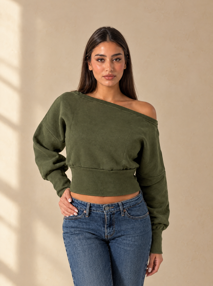 Muse Off-Shoulder Lined Sweatshirt — Olive