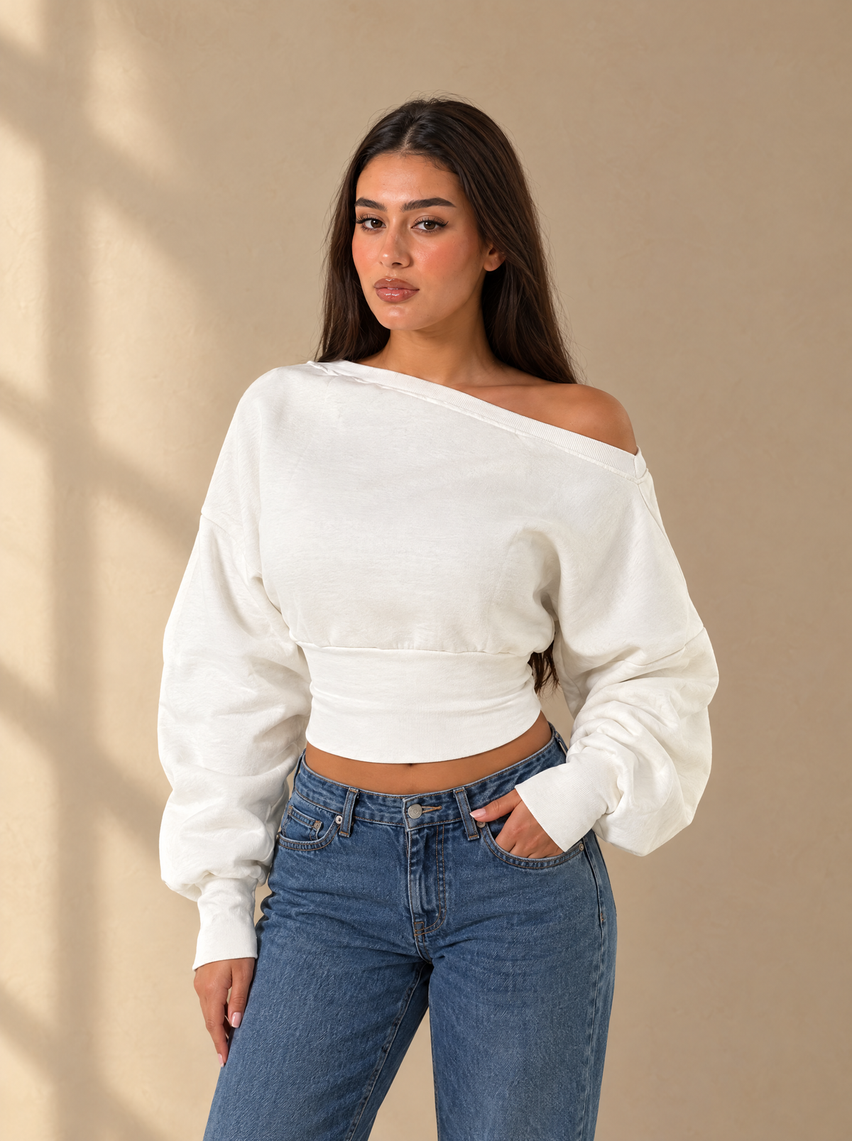 Muse Off-Shoulder Lined Sweatshirt — Off White