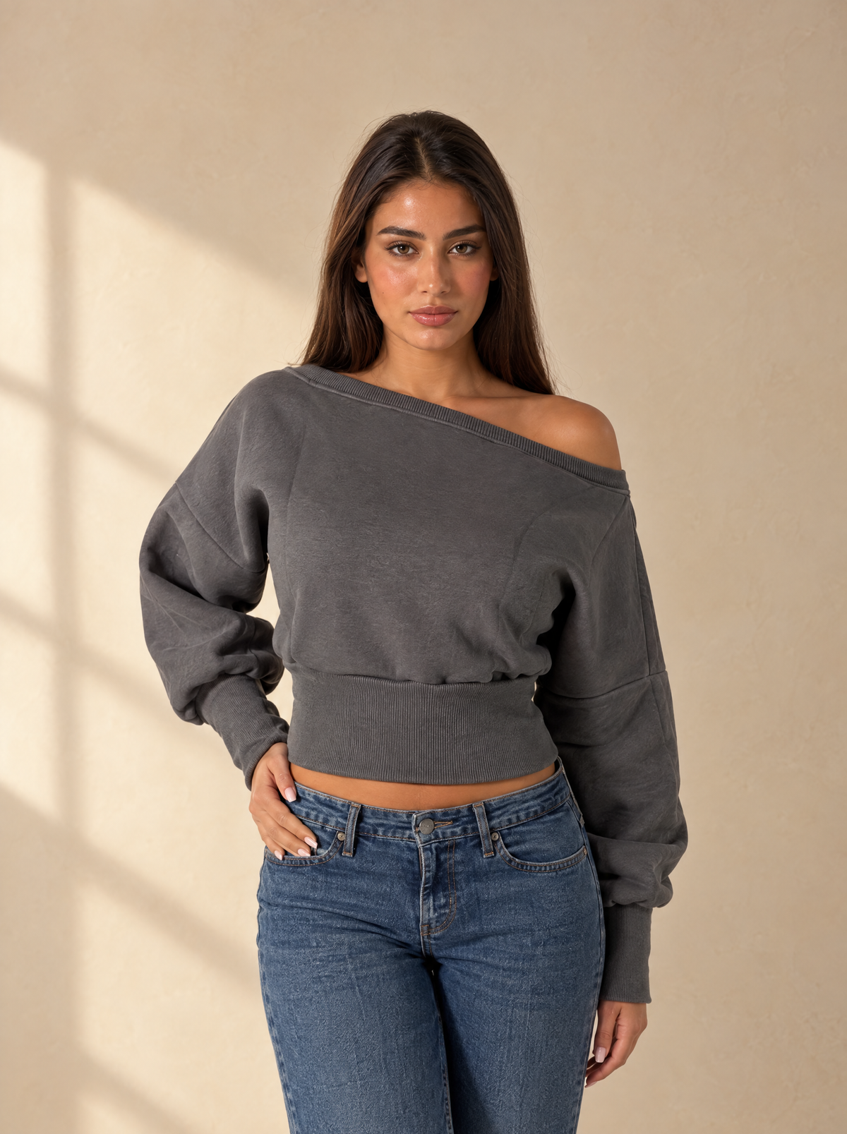 Muse Off-Shoulder Lined Sweatshirt — Charcoal