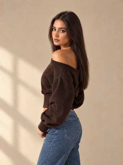 Muse Off-Shoulder Lined Sweatshirt — Brown, side